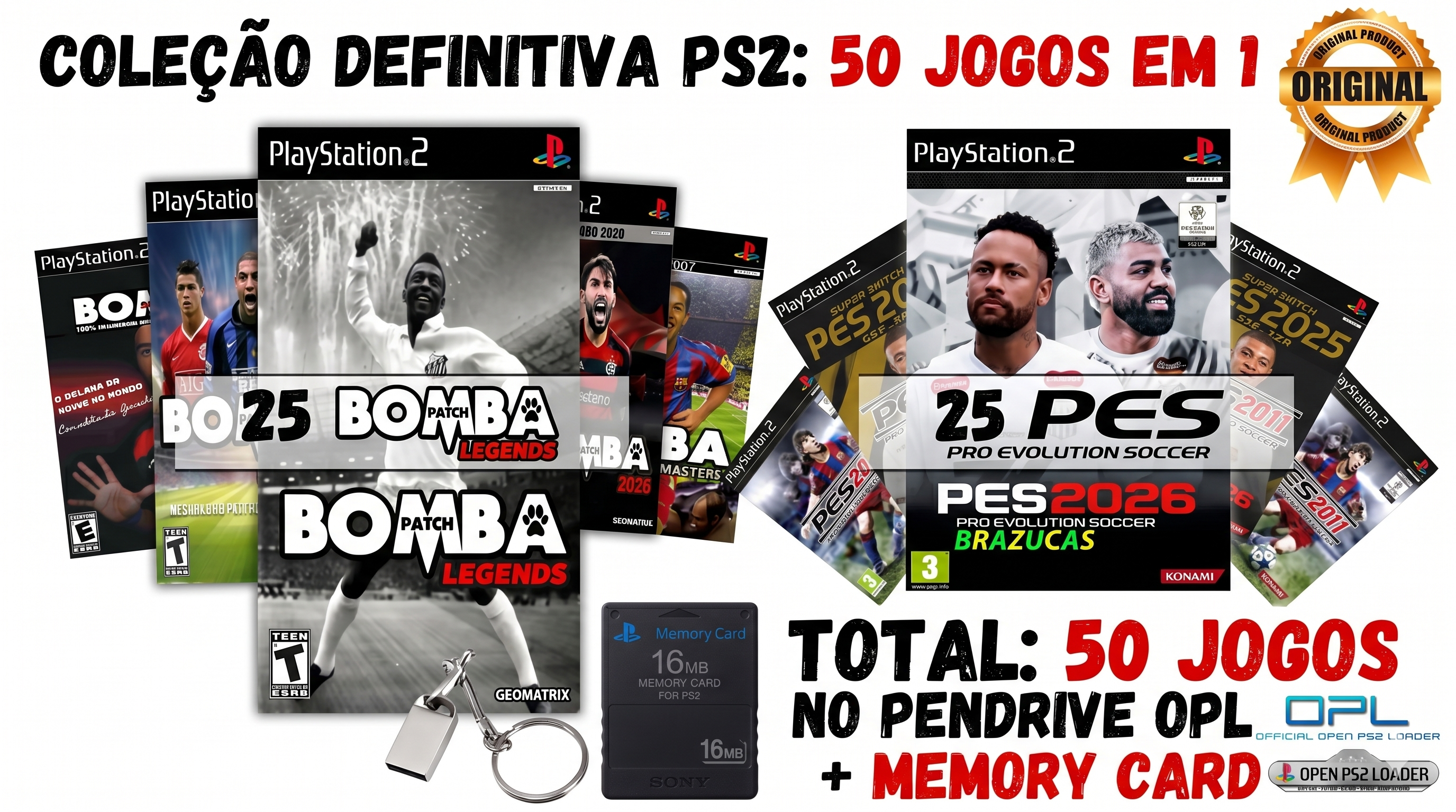 COLEÇÃO DEFINITIVA PS2: 50 JOGOS EM 1 (25 BOMBA PATCH + 25 PES) NO PENDRIVE OPL + MEMORY CARD 16MB