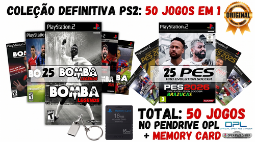 COLEÇÃO DEFINITIVA PS2: 50 JOGOS EM 1 (25 BOMBA PATCH + 25 PES) NO PENDRIVE OPL + MEMORY CARD 16MB
