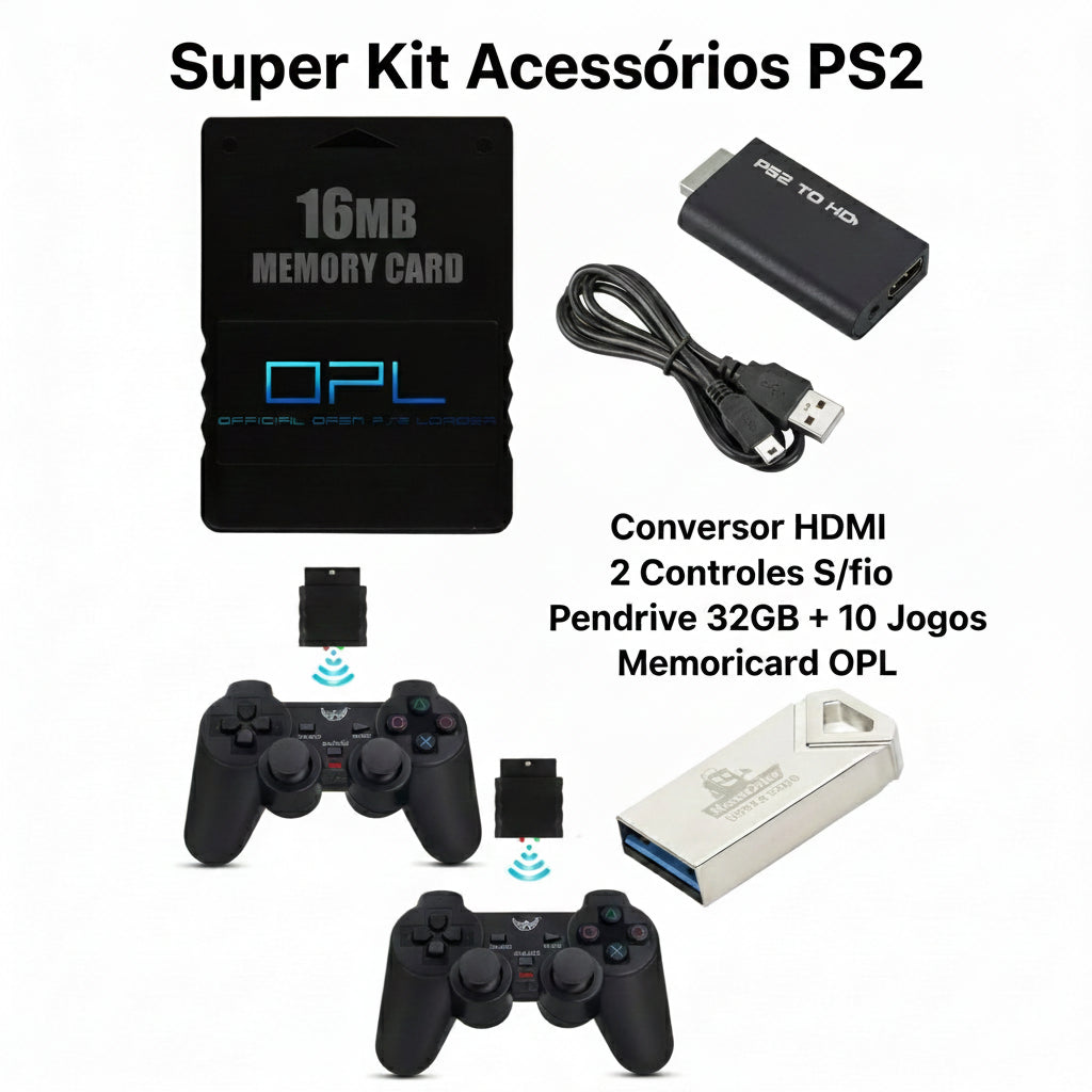 Super Kit Acessorios PS2 , HDMI , 2 Controles S/fio, Pendrive 32GB 10 Jogos + Memoricard OPL