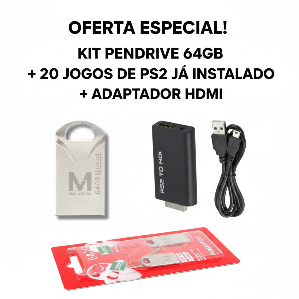 KIT PENDRIVE 64GB  + 20 JOGOS DE PS2 JÁ INSTALADO + ADPATADOR HDMI
