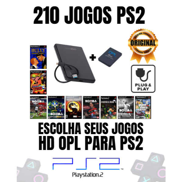 KIT PS2 OPL ULTIMATE 90 A 250 JOGOS DE PS2 : HD 500GB OU 320GB  + MEMORY CARD OPL